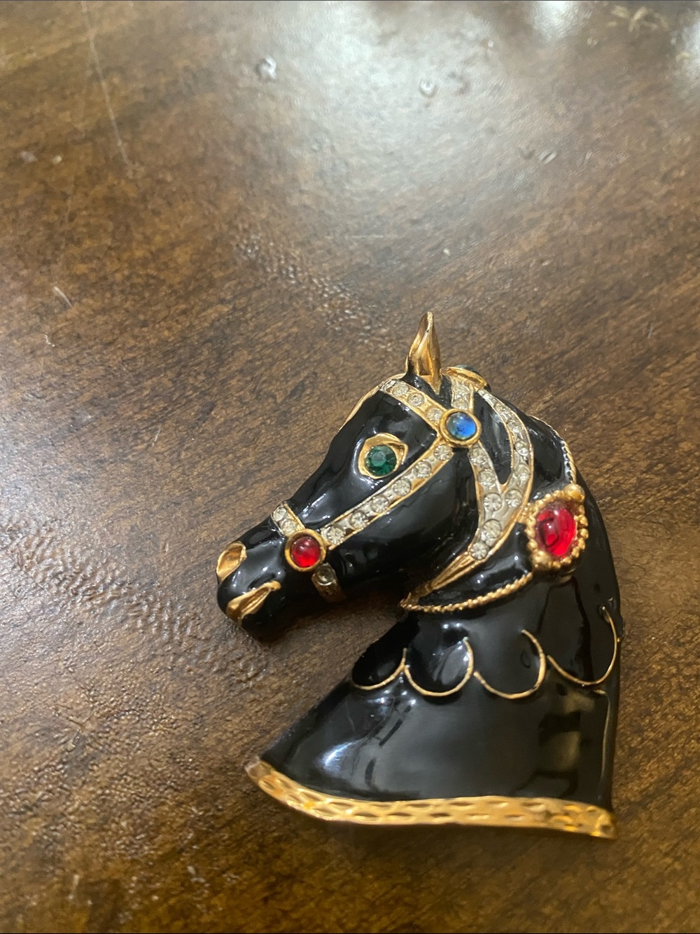 Vintage Black Enamel Horse Head Brooch with Multicolor Rhinestones